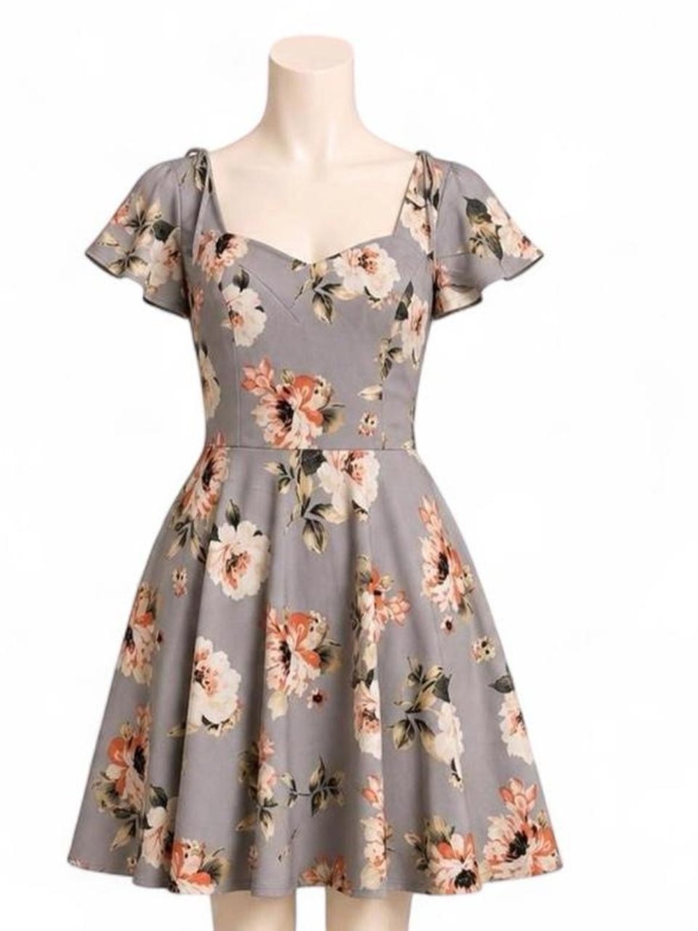 City Studio Gray Floral Fit-and-Flare Dress with Sweetheart Neckline